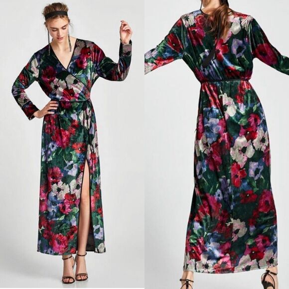 Zara Women's Size S Floral Velvet Wrap Duster Maxi Dress Robe Cardigan Blogger - Picture 3 of 16
